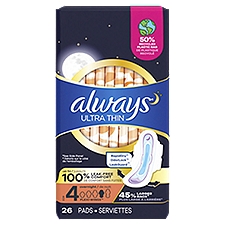Always Pads, Ultra Thin Size 4 Overnight Absorbency Unscented with Wings, 26 Each