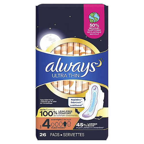 Rest easy with up to 100% leak-free comfort from the completely reinvented Always* Ultra Overnight pads. Reinvented from the inside out, the pads feature advanced 3X Protection System to give you a worry-free night's sleep, while RapidDRY works to wick away gushes in seconds and absorbs 90% faster than the leading store brand. Plus, the pads' LeakGUARD core locks in leaks for long-lasting protection, while OdorLOCK neutralizes odors to help you feel fresh and clean throughout the night. Always Overnight Size 4 Pads Unscented with Wings provide a 45% back**, so you're protected no matter how you sleep. Sleep tight with Always Ultra Thin Pads. *vs. previous Always Ultra **vs. Always Ultra Thin Regular with Wingsnn3x protection system - RapidDry™ + OdorLock™ + LeakGuard™n1. RapidDry - Absorbs in seconds.n2. LeakGuard - For long-lasting protection.n3. OdorLock - Helps you feel fresh and clean.nn45% Larger Back*n*vs. Always Ultra Thin Regular with Wings