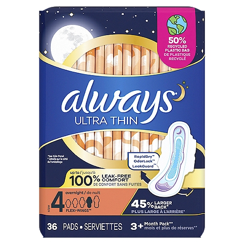 Always Ultra Thin Pads Size 4 Overnight Absorbency Unscented with Wings, 36  Count - The Fresh Grocer
