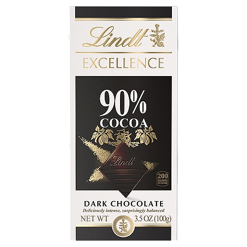 Lindt Excellence 90% Cocoa Dark Chocolate, 3.5 oz
Excellence 90% Cocoa has a deep ebony color, an alluring aroma, a profound cocoa flavor and surprisingly balanced taste.