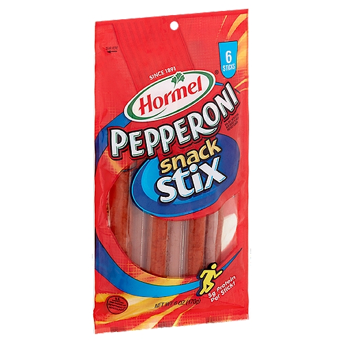 Hormel Pepperoni Snack Stix, 6 count, 6 oz
Wherever you go... whatever you do...
...now you can bring Hormel® Pepperoni Snack Stix with you. Great tasting snack sticks are full of fun and big pepperoni flavor. For lunch sacks, backpacks or back seats, grab Hormel® Pepperoni Snack Stix to go. 
Look for handy Hormel® Pepperoni Minis in a convenient 5-oz. package. 
Look for great recipes right on the package that add these wild little bites of pepperoni into salads, snack mixes, mini pizzas and appetizers.