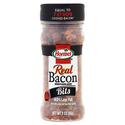 Hormel Real Bacon Bits, 3 oz
Equal to 7 Strips Cooked Bacon*
*USDA Data for Pan-Fried Bacon

Shake Up!
Your salads, fresh vegetables, favorite side dishes and more with Hormel® Real Bacon Bits.

Fat Content has Been Reduced from 2.5g to 1.5g per Serving.