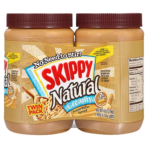 Skippy Natural Creamy Peanut Butter Spread Twin Pack, 40 oz, 2 count
SKIPPY® Peanut Butter has been spreading tasty fun to every household since 1933. With 4 simple ingredients and no artificial flavors or colors, this creamy peanut butter spread 2-pack is perfect for any snack or part of any meal. From a delicious piece of peanut butter toast, to apples or celery with a peanut buttery dip, the different ways to enjoy SKIPPY® Peanut Butter are endless. So when you're craving an easy, satisfying snack, there's only one thing to do. Be Smooth Like SKIPPY®.