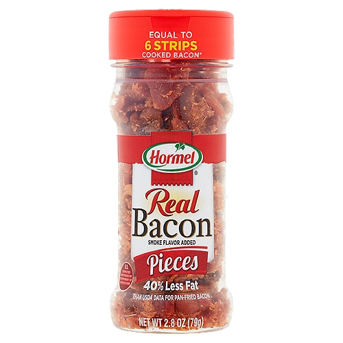 Equal to 6 Strips Cooked Bacon*n*USDA Data for Pan-Fried BaconnnFat Content Has Been Reduced from 2.5g to 1.5g per Serving.nnShake Up!nYour salads, fresh vegetables, favorite side dishes and more with Hormel® Real Bacon Pieces.