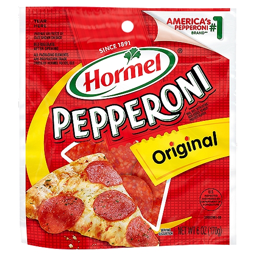 Hormel Original Pepperoni, 6 oz
The mouthwatering taste of HORMEL Pepperoni is crafted using only the best, highest-quality meat and spices. HORMEL Pepperoni is the perfect addition for any eating occasion- pizza, salads, pasta, or snacking. Zest up your next meal by creating pepperoni nachos, bagels, pizza dip, pizza roll ups, or quesadillas! All trademarks, logos, and images are owned by Hormel Foods Corporation, its subisdiaries, and affiliates. © Hormel Foods, LLC.
