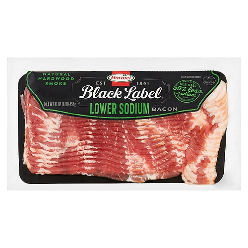 Hormel Black Label Natural Hardwood Smoke Lower Sodium Bacon, 16 oz
Happiness is a skillet full of Bacon

Sodium Content Has Been Lowered from 400mg to 200mg per Pan Fried Serving.