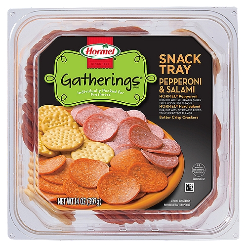 Take your snacking on the go with HORMEL GATHERINGS Snack Trays. These pepperoni, salami and cracker trays are a quick and easy snack to serve and share. Includes 1, 14-ounce tray with ready-to-eat favorites: HORMEL pepperoni, salami, plus crispy snack crackers. It's a perfect snack time favorite to grab ‘n go! Whether you're looking for tasty school time snacks, between-meeting bites, or a treat while travelling throughout your day, these snack trays require no prep so you can serve your favorite snacks in a snap. Movie night? No problem. Mid-day office craving? You're covered. Quick protein in the perfect bite-sized proportions? Nailed it. HORMEL GATHERINGS Snack Trays — Already Ready. All trademarks, logos and images are owned by Hormel Foods Corporation, its subsidiaries and affiliates. Copyright Hormel Foods, LLC.