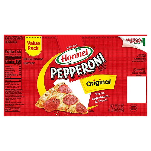 Hormel Original Pepperoni Value Pack, 21 oz
The mouthwatering taste of HORMEL Pepperoni is crafted using only the best, highest-quality meat and spices. HORMEL Pepperoni is the perfect addition for any eating occasion- pizza, salads, pasta, or snacking. Zest up your next meal by creating pepperoni nachos, bagels, pizza dip, pizza roll ups, or quesadillas! All trademarks, logos, and images are owned by Hormel Foods Corporation, its subisdiaries, and affiliates. © Hormel Foods, LLC.