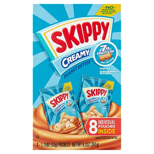 Skippy Creamy Peanut Butter, 1.15 oz, 8 count
No Preservatives, Artificial Flavors, or Colors*
* Similar to All Peanut Butters