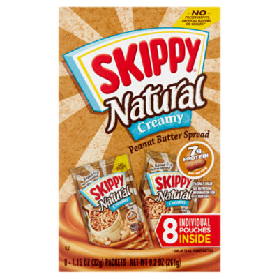Skippy Natural Creamy Peanut Butter Spread, 1.15 oz, 8 count