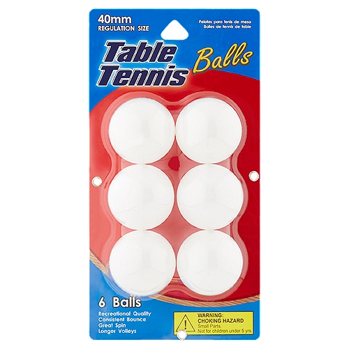 Table Tennis Balls, 6 count
Our regulation size balls are ideal for recreational and practice play. The 40mm size ball is durable with consistent bounce and spin, allowing for longer overall volleys.