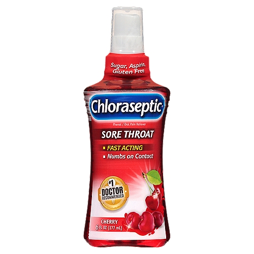 Chloraseptic Cherry Flavor Sore Throat Oral Anesthetic, 6 fl oz
Uses
For the temporary relief of occasional minor irritation, pain, sore mouth and sore throat

Drug Facts
Active ingredient - Purpose
Phenol 1.4% - Oral anesthetic/analgesic