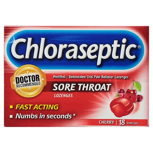 Chloraseptic Fast Acting Cherry Sore Throat Lozenges, 18 count
Menthol, Benzocaine Oral Anesthetic, Analgesic Lozenges

#1 family's choice sore throat relief†
† IRI 52 week unit sales

Uses
Temporarily relieves occasional minor irritation, pain, sore throat and sore mouth. 

Drug Facts
Active ingredients (in each lozenge) - Purpose
Benzocaine 6 mg - Oral anesthetic/analgesic
Menthol 10 mg - Oral anesthetic/analgesic