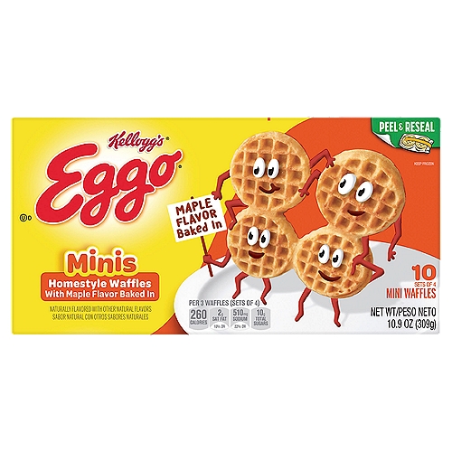 Kellogg's Eggo Minis Maple Flavor Homestyle Waffles, 10 count, 10.9 oz
Wake up and greet the day with the feel-good taste of Kellogg's Eggo Minis Homestyle, tasty frozen waffles that pair beautifully with your favorite breakfast sides year-round. Kellogg's Eggo Minis Waffles feature a fun, miniature size and have been crafted with pantry-perfect ingredients for an irresistible taste. Pop them in the toaster or oven for a soft, fluffy texture and the inviting flavor of homemade waffles. These frozen waffles are made no artificial colors and flavors and provide a good source of 9 essential vitamins and minerals (see nutrition information for sodium content). Conveniently packaged and easy to prepare, Kellogg's Eggo Minis Homestyle waffles help bring warmth and smiles to fast-paced, busy mornings. Great for families and individuals alike, these delicious pancakes are made to enjoy as a stand-alone breakfast treat or with your favorite morning toppings such as butter and syrup, jellies and preserves, and whipped cream. So delicious you can't just L'Eggo!