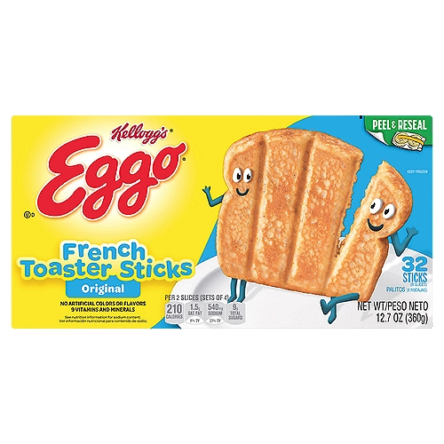 Kellogg's Eggo Original French Toaster Sticks, 32 count, 12.7 oz
Wake up and greet the day with the feel-good taste of Eggo French Toaster Sticks. Crafted with delicious ingredients, our Toaster Sticks help bring energy to busy mornings. Convenient and easy to prepare, Eggo French Toaster Sticks bring warmth to your day. Great for families and individuals, these Toaster Sticks are delicious on their own or with the addition of your favorite morning toppings like butter, syrup, fruit, and whipped cream. Made with no artificial colors or flavors, our Toaster Sticks also provide a good source of 9 vitamins and minerals (see nutrition information for sodium content), are an excellent source of calcium, and are Kosher Dairy. Eggo French Toaster Sticks are great to bring along on the bus, in the car on the way to school, or even packed in a lunchbox, for a tasty snack on-the-go. Not just for breakfast you can enjoy these French toast sticks during snack time at home or as a late-night treat. So delicious, would you L'Eggo your Eggo?
