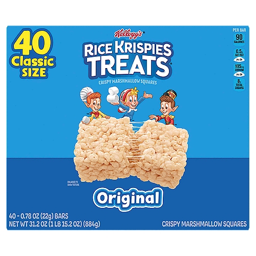 Kellogg's Rice Krispies Treats Original Crispy Marshmallow Squares, 0.78 oz, 40 count
Make snack time a little sweeter with Snap, Crackle, Pop, and the irresistible taste of Rice Krispies Treats Crispy Marshmallow Squares, the crispy treat that's sure to satisfy. Each marshmallow square is made with puffed rice cereal and the taste of soft, gooey marshmallows for a delicious, ready-to-eat treat wherever you go. A classically delicious snack, each package contains one individually wrapped marshmallow bar that's perfect for snacks at school, the office, traveling, lunchtime, at the game, and more. Satisfy your sweet craving with the goodness and on-the-go convenience of Kellogg's Rice Krispies Treats Crispy Marshmallow Squares Original.