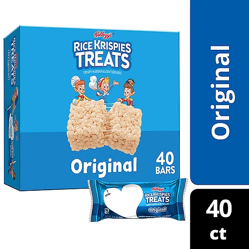 • Rice Krispies Treats cereal bars are delicious snacks for everyday family moments; Perfectly sized, ready-to-enjoy treat
• Enjoy puffed, oven-toasted rice cereal and the flavor of soft marshmallows in every bite; The classic, delicious snack families love
• Discover sweet flavor and crispy texture; 90 calories per bar; Contains milk and soy ingredients

Enjoy the fun of everyday moments with the irresistible taste of Rice Krispies Treats crispy marshmallow cereal bars Original. Create memorable moments with each and every delectable square that pulls apart to reveal ooey, gooey goodness. Made with crispy rice cereal and the taste of soft marshmallows, each bar is a delicious, ready-to-eat treat wherever you go. A classically delicious treat, these individually wrapped marshmallow bars are perfect for enjoying together; Enjoy at home or take a few with you for traveling, lunchtime, at the game, or pack for school snacks. They're easy snacks to share with friends and family. Make someone's day by adding Rice Krispies Treats crispy marshmallow cereal bars to goodie bags, gift baskets, and care packages. Satisfy your sweet craving with the goodness and on-the-go convenience of Rice Krispies Treats Original marshmallow cereal bars.