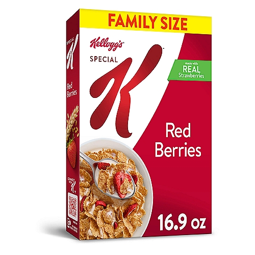 Delicious and healthy breakfast cereal with feel-good ingredients to help keep you going
Crunchy wheat and rice flakes made with real strawberries in every serving
Good source of 11 vitamins and minerals; Good source of fiber; No artificial colors or flavors; Kosher Pareve</li></ul><br/>Do what's delicious with Special K Red Berries, a wholesome breakfast cereal made from tasty ingredients. Crisp, toasted wheat and rice flakes paired with real, sliced strawberries help you stay on track for the day ahead. Nutritious and delicious, every bowl provides a good source of 11 vitamins and minerals. Made with fiber, B vitamins, and iron, plus Vitamins A, C, and E as antioxidants women need (beta-carotene (source of vitamin A)) and no artificial colors or flavors; make it an irresistible, low-fat part of your lunch, dinner or late-night snack. Try it as a convenient work day or between-meal treat. Enjoy Special K with dairy or nut-milk. Add it to your favorite yogurt, smoothie, or trail mix recipe. Morning time or any time, Kellogg's Special K Red Berries cereal is a flavorful choice the whole family can feel good about.