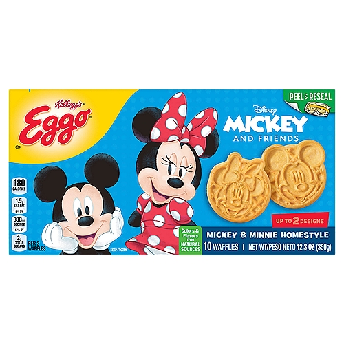 • Breakfast time just got more fun with these cheerful Disney's Mickey and Minnie shaped waffles and the yummy taste of Eggo Homestyle waffles
• Crisp, golden, and fluffy, our waffles are made with delicious ingredients for an irresistible homemade taste
• Good source of 9 vitamins and minerals; No artificial colors or flavors; Kosher Dairy; Contains wheat, milk, egg, and soy ingredients

Wake up and greet the day with the feel-good taste of Disney's Mickey and Minnie Eggo Homestyle waffles. Crafted with delicious ingredients, our waffles are a perfect balance of crispy, fluffy goodness. Convenient and easy to prepare, Disney's Mickey and Minnie Eggo Homestyle waffles bring warmth to busy mornings. This quick breakfast is made with no artificial colors or flavors and provide a good source of 9 vitamins and minerals; Great for families and individuals, these delicious waffles are made to enjoy as a stand-alone breakfast treat, or try them with your favorite morning toppings like butter and syrup, jellies and preserves, and whipped cream. So delicious you can't just L'Eggo!