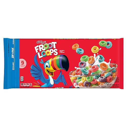 Kellogg's Froot Loops Breakfast Cereal, Fruit Flavored, Original, 32.1oz Bag
Follow your nose to delicious bursts of fruity flavor in Kellogg's Froot Loops sweetened multi-grain breakfast cereal. Dig into vibrant, colorful crunchy O's made with tasty, natural fruit flavors and grains as the first ingredient. It's like a rainbow in every bowl. Fun to eat for adults and kids, this low-fat cereal is a good source of 9 vitamins and minerals per serving. The entire family can enjoy a bowl with milk or a dairy alternative in the morning, afternoon or as a late-night treat; perfect for snacking by the handful at work, at school, in the car, and simply on the go. Add fruity goodness to any lunch box, tote bag or backpack so you always have this sweet cereal treat handy. Any time you want to include a flavorful pick-me-up in your day, reach for a box of Kellogg's Froot Loops cereal.
