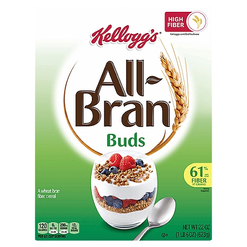Kellogg's All-Bran Buds Cereal, 22 oz
Greet your morning with Kellogg's All-Bran Buds, a delicious, low-fat breakfast cereal made with simple, wholesome ingredients. A healthy, family-favorite cereal perfect for both kids and adults, Kellogg's All-Bran Buds is made to enjoy by the bowlful. Each serving provides a good source of 8 vitamins and minerals, is an excellent source of fiber and contains colors and flavors from natural sources. A travel-ready food, Kellogg's All-Bran Buds are an ideal companion for lunchboxes, after-school snacks, and busy, on-the-go moments. Just add your favorite dairy or nut-milk or enjoy as a crispy treat straight from the box. Kellogg's All-Bran Buds, our best in every bite.