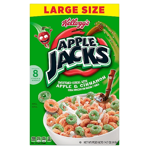 Kellogg's Apple Jacks Sweetened Cereal with Apple & Cinnamon Large Size, 14.7 oz
Start your day with Kellogg's Apple Jacks breakfast cereal and the crunch of delicious O's with the flavor of crisp apples and cinnamon. A low-fat breakfast cereal, Kellogg's Apple Jacks is a good source of vitamins and minerals. Not just for breakfast, Kellogg's Apple Jacks is a tasty and nutritious addition to any meal or snack any time of the day. Enjoy as a snack at the office, take in an afternoon pick-me-up, reenergize with a post-workout treat, and indulge in a late-night bowlful of sweet, crunchy breakfast cereal. Kellogg's Apple Jacks also makes a scrumptious addition to your favorite yogurt and is a great base for homemade trail mix - the mouthwatering options are endless. A travel-ready food, this breakfast cereal is perfect to pack in a small bag in lunchboxes, enjoy as an after-school snacks, bring along to sporting events, or indulge in during busy, on-the-go moments. Just add your favorite dairy or nut milk or enjoy as a crispy treat straight from the box.