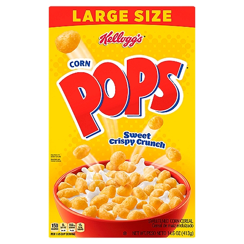 Kellogg's Corn Pops Sweetened Corn Cereal Large Size, 14.6 oz
A sweet, crispy, crunchy way to start your day, Kellogg's Corn Pops breakfast cereal makes for a delicious breakfast any day of the week. Not just for breakfast, Kellogg's Corn Pops is an excellent source of 7 vitamins and minerals and makes a tasty addition to a meal or snack any time of the day. This cereal has a crisp texture for terrific snacking straight from the box. Pack some in a bag for the road; this cereal makes a playful addition to your lunch, afternoon pick-me-up, post-workout treat, or indulgent late-night snack. Kellogg's Corn Pops also makes a great addition to homemade trail mix or as a well-deserved snack at the office; the delicious options are endless. Just add your favorite dairy or nut-milk or enjoy as a crispy treat straight from the box. No matter where it fits in, you'll love the delectable crunch of Kellogg's Corn Pops breakfast cereal.