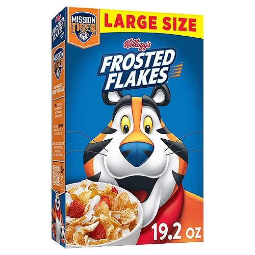 Kellogg's Frosted Flakes of Corn Cereal Large Size, 19.2 oz
Just like Tony the Tiger, your whole family can get even their busiest days going with Kellogg's Frosted Flakes ready-to-eat breakfast cereal. Thanks to the toasty, crunchy corn flakes sprinkled with sweet frosting, adults and kids experience a tasty and satisfying bowl every time. Each serving of this cereal is fat free and a good source of 8 vitamins and minerals. Plus, there are no artificial colors or flavors; enjoy a bowl of Kellogg's Frosted Flakes with your favorite dairy or nut milk. Eat pawfuls as a snack or late-night bite. Make it a sweet complement to your morning coffee or tea. Crush them up as a crunchy topping for ice cream. Kellogg's Frosted Flakes cereal gives you the sweet spark to go all in and let your GR-R-REAT out.