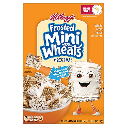 Kellogg's Frosted Mini Wheats Original Whole Grain Cereal, 18 oz
Greet the day with Kellogg's Original Frosted Mini-Wheats - a wholesome, low fat breakfast cereal that's built for big days. These bite-size biscuits pack a hearty crunch with crispy layers of wheat made from 100% whole grain that are frosted with irresistible sweetness in every bite. With 48 grams of whole grain per 60 gram serving, these tasty squares are not only delicious but are an excellent source of fiber. Each satisfying serving contains a good source of 7 vitamins and minerals to help fuel you for what's ahead. Kellogg's Frosted Mini-Wheats make a nutritious, anytime meal or snack. Enjoy wheat bites throughout the day - as a well-deserved snack at the office, an afternoon pick-me-up, a post-workout treat, or a late-night bowlful of sweet, crunchy cereal. Frosted Mini-Wheats also make a scrumptious addition to homemade trail mix. A travel-ready food, this cereal is perfect to pack for lunchboxes, after-school snacks, sporting events, and busy, on-the-go moments. Kellogg's Original Frosted Mini-Wheats are a great start to your morning breakfast routine and for the adventures that follow.