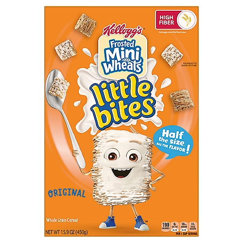 Frosted Mini-Wheats Little Bites Breakfast Cereal Original Family Pack - 15.9 Oz
Seize the day with Kellogg's Frosted Mini Wheats Little Bites breakfast cereal, mini biscuits that are half the size of the original biscuits with all the delicious flavor you know and love! Includes one, 15.9-ounce box of Frosted Mini Wheats Little Bites cereal. Every spoonful is a wholesome way to start your day. Each serving contains 7 vitamins and minerals, 45g whole grain, and is an excellent source of fiber; These bite-sized, mini biscuits pack a crispy crunch with whole grain layers that are frosted with irresistible sweetness. For a morning boost, an after-school snack right off the bus, or in between games on the weekends, make Little Bites cereal a pantry staple. For every morning time or anytime, Frosted Mini Wheats Little Bites cereal gets big smiles from the whole family.