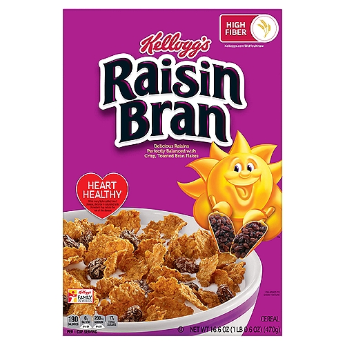 Kellogg's Raisin Bran Cereal, 16.6 oz
Wake up with Sunny and the simple goodness of Kellogg's Raisin Bran, a deliciously crafted cereal that helps energize the start of your day. This crunchy, classic cereal is made with crispy, toasted bran flakes balanced with the satisfying taste of sweet raisins in every spoonful. Just as nutritious as it is delicious, this breakfast cereal is heart-healthy (while many factors affect heart disease, diets low in saturated fat and cholesterol may reduce the risk of this disease). Raisin Bran provides an excellent source of fiber and a good source of 8 vitamins and minerals to help you start your day off strong. Whether you enjoy your Raisin Bran in a bowlful of your favorite milk at breakfast time, sprinkled over yogurt for an afternoon treat, or as a crispy snack straight from the box after your workout, Kellogg's Raisin Bran Cereal lets you rise, shine and make the most of your day.