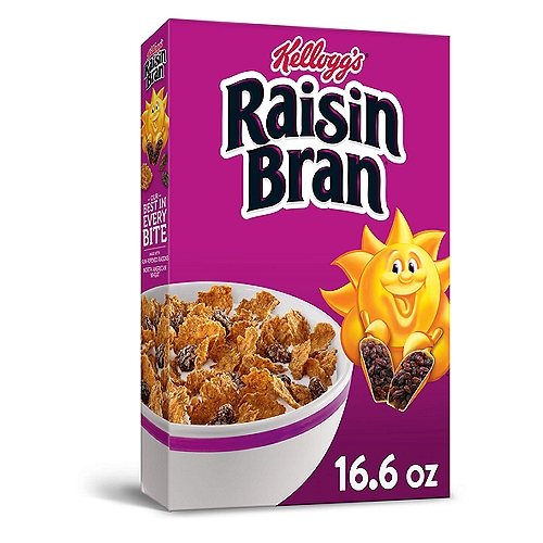 Crunchy, pleasantly sweet breakfast cereal that's bursting with delicious raisins in every irresistible spoonful
Start your day with crispy, toasted bran flakes balanced with the satisfying goodness of sweet raisins
Low fat; With 28g of whole grain; An excellent source of fiber and a good source of 8 vitamins and minerals per serving; No artificial colors or flavors; Contains wheat ingredients; Kosher pareve
Wake up with Sunny and the simple goodness of Kellogg's Raisin Bran, a deliciously crafted cereal that helps energize the start of your day. This crunchy, classic cereal is made with crispy, toasted bran flakes balanced with the satisfying taste of sweet raisins in every spoonful. Just as nutritious as it is delicious, this breakfast cereal is heart-healthy (while many factors affect heart disease, diets low in saturated fat and cholesterol may reduce the risk of this disease). Raisin Bran provides an excellent source of fiber and a good source of 8 vitamins and minerals to help you start your day off strong. Whether you enjoy your Raisin Bran in a bowlful of your favorite milk at breakfast time, sprinkled over yogurt for an afternoon treat, or as a crispy snack straight from the box after your workout, Kellogg's Raisin Bran Cereal lets you rise, shine and make the most of your day.
