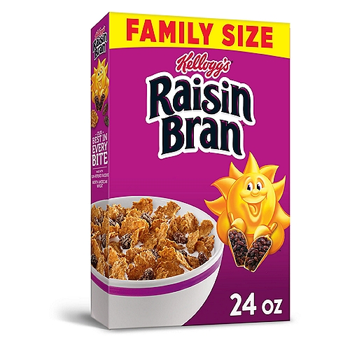 Crunchy, pleasantly sweet breakfast cereal that's bursting with delicious raisins in every irresistible spoonful
Start your day with crispy, toasted bran flakes balanced with the satisfying goodness of sweet raisins
Low fat; With 28 grams of whole grain; An excellent source of fiber and a good source of 8 vitamins and minerals per serving; No artificial colors or flavors; Contains wheat ingredients; Kosher pareve
Wake up with Sunny and the simple goodness of Kellogg's Raisin Bran, a deliciously crafted cereal that helps energize the start of your day. This crunchy, classic cereal is made with crispy, toasted bran flakes balanced with the satisfying taste of sweet raisins in every spoonful. Just as nutritious as it is delicious, this breakfast cereal is heart-healthy (while many factors affect heart disease, diets low in saturated fat and cholesterol may reduce the risk of this disease). Raisin Bran provides an excellent source of fiber and a good source of 8 vitamins and minerals to help you start your day off strong. Whether you enjoy your Raisin Bran in a bowlful of your favorite milk at breakfast time, sprinkled over yogurt for an afternoon treat, or as a crispy snack straight from the box after your workout, Kellogg's Raisin Bran Cereal lets you rise, shine and make the most of your day.