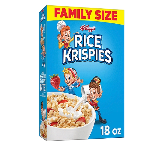 A classic, family-favorite cereal, perfect for breakfast and treat-making; Enjoy with your favorite milk or as part of The Original Treats recipe
A crisp way to start your day, Rice Krispies brings the classic crunch of puffed, oven-toasted rice cereal in every bite
A healthy, fat-free cereal; Good source of 8 vitamins and minerals in every serving; Kosher Pareve
Whether you're enjoying it by the bowlful or through the tempting taste of The Original Treats recipe, Kellogg's Rice Krispies cereal makes it easy to bring a little magic to your day. Made with crispy oven-toasted puffed rice cereal, Rice Krispies are a satisfying and healthy way to start your morning. Our cereal is a good source of 8 vitamins and minerals and fat-free. Decorate your bowl with fresh strawberries, blueberries or bananas; whip up a tasty batch of memories with your family by making The Original Treats recipe together. All you need are three simple ingredients: butter, marshmallows and Rice Krispies cereal. The delicious possibilities are endless with Kellogg's Rice Krispies cereal.
