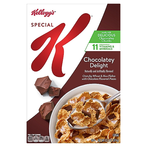 Kellogg's Special K Chocolatey Delight Cereal, 13.2 oz
Do what's delicious with Special K Chocolatey Delight breakfast cereal made from tasty ingredients. Crisp, wheat and rice flakes with chocolate flavored chunks help you stay on track for the day ahead. Every nourishing, satisfying bowl is a good source of 11 vitamins and minerals. Made with fiber (contains 3g total fat per serving) and contains B vitamins and iron, plus Vitamins A, C, and E as antioxidants women need (beta-carotene (source of vitamin A)); make it an irresistible part of your lunch, dinner or late-night snack. Try it as a convenient work day or between-meal treat. Enjoy Special K with dairy or nut-milk. Add it to your favorite yogurt, smoothie, or trail mix recipe. Morning time or any time, Kellogg's Special K Chocolatey Delight cereal is a flavorful choice the whole family can feel good about.