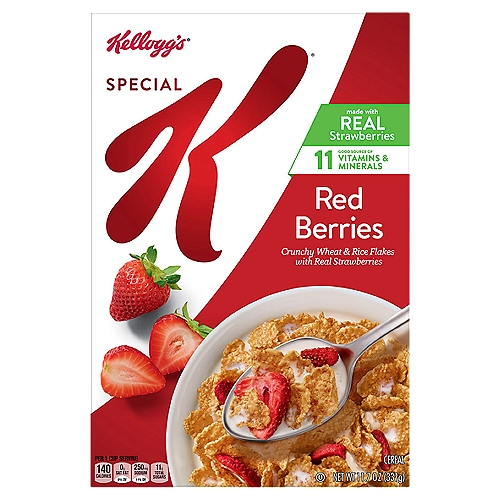 Kellogg's Special K Red Berries Cereal, 11.7 oz
Do what's delicious with Special K Red Berries, a wholesome breakfast cereal made from tasty ingredients. Crisp, toasted wheat and rice flakes paired with real, sliced strawberries help you stay on track for the day ahead. Nutritious and delicious, every bowl provides a good source of 11 vitamins and minerals. Made with fiber, B vitamins, and iron, plus Vitamins A, C, and E as antioxidants women need (beta-carotene (source of vitamin A)) and no artificial colors or flavors; make it an irresistible, low-fat part of your lunch, dinner or late-night snack. Try it as a convenient work day or between-meal treat. Enjoy Special K with dairy or nut-milk. Add it to your favorite yogurt, smoothie, or trail mix recipe. Morning time or any time, Kellogg's Special K Red Berries cereal is a flavorful choice the whole family can feel good about.