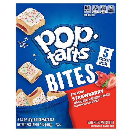 Pop-Tarts Frosted Strawberry Tasty Filled Pastry Bites, 1.4 oz, 5 count
Start your day with a sweet boost from Pop-Tarts Bites Frosted Strawberry - the same Pop-Tarts ﬂavor you know and love, bite-sized. Conveniently packaged in portable pouches, these bites are perfect for on-the-go snacking. Go ahead and enjoy the classic taste of Pop-Tarts any time, any where - no toaster needed. Savor the satisfying taste of strawberry-flavored ﬁlling topped with delicious frosting and crunchy sprinkles. A quick and tasty snack for the whole family, Pop-Tarts Bites are an ideal companion for lunchboxes, after-school snacks, and busy, on-the-go moments. The versatile deliciousness of Pop-Tarts Bites ﬁts into your lifestyle just about anywhere there's time for a snack. Store them in your desk drawer for a pick-me-up at the oﬃce, keep them on hand in your pantry for a sweet after-dinner treat, or even bring some in the car for a satisfying snack on the road. These Pop-Tarts Bites also make welcome additions to care packages, goodie bags, and gift baskets - a pleasant surprise friends and family will be delighted to open. Just pop open the pouch and enjoy the taste of Pop-Tarts Bites Frosted Strawberry wherever you go.