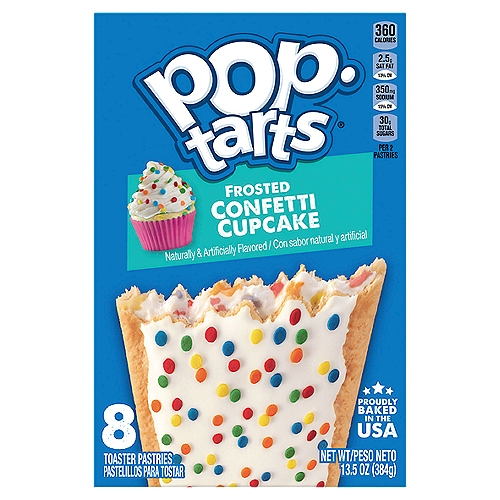 Pop-Tarts Frosted Confetti Cupcake toaster pastries are a delicious treat to look forward to. Jump-start your day with a bakery inspired, vanilla cupcake-flavored center encased in a crumbly pastry crust and topped with yummy confetti sprinkles. A quick and tasty anytime snack for the whole family, Pop-Tarts Toaster Pastries are an ideal companion for lunchboxes, after-school snacks, and busy, on-the-go moments. Not just for breakfast, the versatile deliciousness of Pop-Tarts fits into your lifestyle just about anywhere there s time for a snack. Store them in your desk drawer for a pick-me-up at the office, keep them on hand in your pantry for a sweet after-dinner treat, or even bring some in the car for a satisfying snack on the road. These toaster pastries also make welcome additions to care packages, goodie bags, and gift baskets - a pleasant surprise friends and family will be delighted to unwrap.
Pop-Tarts Frosted Confetti Cupcake toaster pastries are a delicious treat to look forward to. Jump-start your day with a bakery inspired, vanilla cupcake-flavored center encased in a crumbly pastry crust and topped with yummy confetti sprinkles. A quick and tasty anytime snack for the whole family, Pop-Tarts Toaster Pastries are an ideal companion for lunchboxes, after-school snacks, and busy, on-the-go moments. Not just for breakfast, the versatile deliciousness of Pop-Tarts fits into your lifestyle just about anywhere there’s time for a snack. Store them in your desk drawer for a pick-me-up at the office, keep them on hand in your pantry for a sweet after-dinner treat, or even bring some in the car for a satisfying snack on the road. These toaster pastries also make welcome additions to care packages, goodie bags, and gift baskets - a pleasant surprise friends and family will be delighted to unwrap.