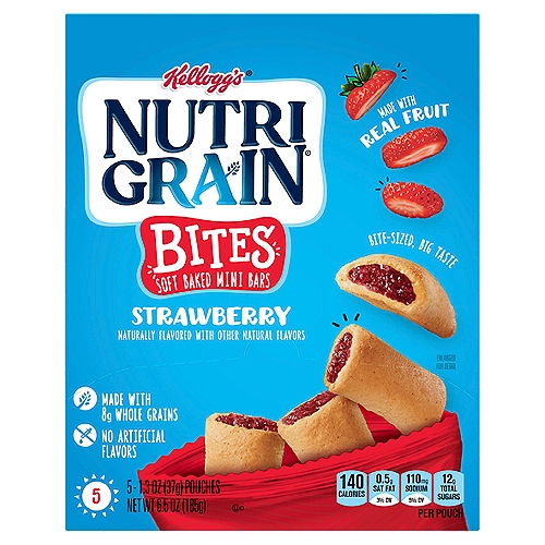 Kellogg's NUTRI GRAIN Strawberry Bites Soft Baked Mini Bars, 1.3 oz, 5 count
Savvy parents know that finding snacks with the nutrients their kids need is often a challenge! Kellogg's Nutri-Grain Bites Strawberry Flavored Soft Baked Mini Bars are a tasty, on the go snack that is perfect for any time of day. Kids will love the sweet strawberry flavor and parents will feel great that they contain 8g of whole grain and provide a good source of 8 vitamins and minerals. These bite-size bars are packed into a portable pouch that is perfect for hungry adventurers; pack in your kid's backpack or your tote along with other daily essentials. Nutri-Grain Soft Baked Mini Bars are also ideal for picnics at the park, snacks in the car or an after school treat. No matter where you are, you can always come prepared with a pouch of these!