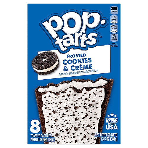 Pop-Tarts Frosted Cookies & Crème Toaster Pastries, 8 count, 13.5 oz
Pop-Tarts Frosted Cookies and Crème toaster pastries are a delicious treat to look forward to. Jump-start your day with smooth, vanilla crème-flavored filling encased in a crumbly chocolatey cookie-flavored crust topped with sweet frosting and a dusting of chocolate-flavored sprinkles. A quick and tasty anytime snack for the whole family, Pop-Tarts toaster pastries are an ideal companion for lunchboxes, after-school snacks, and busy, on-the-go moments. Not just for mornings, the versatile deliciousness of Pop-Tarts fits into your lifestyle just about anywhere there's time for a snack. Store them in your desk drawer for a pick-me-up at the office, keep them on hand in your pantry for a sweet after-dinner treat, or even bring some in the car for a satisfying snack on the road. These toaster pastries also make welcome additions to care packages, goodie bags, and gift baskets - a pleasant surprise friends and family will be delighted to unwrap. Just pop them in your toaster for a crisp, warm crust, heat them in the microwave, or enjoy them right out of the foil with a glass of ice-cold milk.