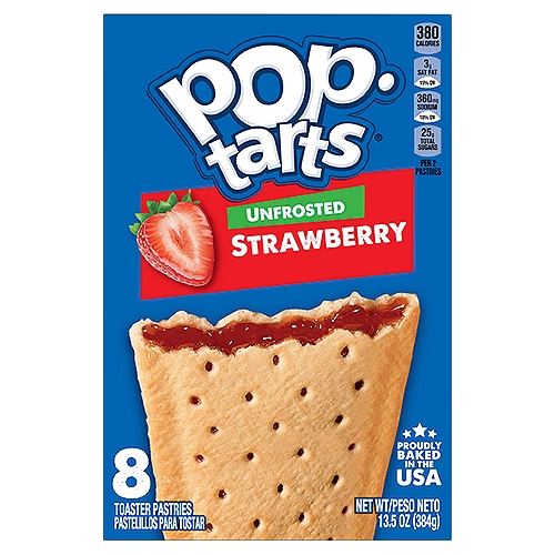 Pop-Tarts Unfrosted Strawberry Toaster Pastries, 8 count, 13.5 oz
Pop-Tarts Unfrosted Strawberry toaster pastries are a delicious treat to look forward to. Jump-start your day with a sweet and decadent blast of gooey, strawberry-flavored filling encased in a crumbly pastry crust. A quick and tasty anytime snack for the whole family, Pop-Tarts toaster pastries are an ideal companion for lunchboxes, after-school snacks, and busy, on-the-go moments. Not just for mornings, the versatile deliciousness of Pop-Tarts fits into your lifestyle just about anywhere there's time for a snack. Store them in your desk drawer for a pick-me-up at the office, keep them on hand in your pantry for a sweet after-dinner treat, or even bring some in the car for a satisfying snack on the road. These toaster pastries also make welcome additions to care packages, goodie bags, and gift baskets - a pleasant surprise friends and family will be delighted to unwrap. Just pop them in your toaster for a crisp, warm crust, heat them in the microwave, or enjoy them straight out of the foil with a glass of ice-cold milk.