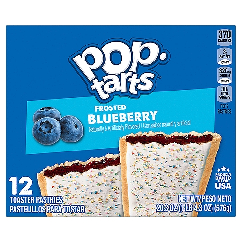 Pop-Tarts Frosted Blueberry Toaster Pastries, 12 count, 20.3 oz
Pop-Tarts Frosted Blueberry toaster pastries are a delicious treat to look forward to. Jump-start your day with a sweet and decadent blast of gooey, blueberry-flavored filling encased in a crumbly pastry crust, topped with yummy frosting and crunchy sprinkles. A quick and tasty anytime snack for the whole family, Pop-Tarts toaster pastries are an ideal companion for lunchboxes, after-school snacks, and busy, on-the-go moments. Not just for mornings, the versatile deliciousness of Pop-Tarts fits into your lifestyle just about anywhere there's time for a snack. Store them in your desk drawer for a pick-me-up at the office, keep them on hand in your pantry for a sweet after-dinner treat, or even bring some in the car for a satisfying snack on the road. These toaster pastries also make welcome additions to care packages, goodie bags, and gift baskets - a pleasant surprise friends and family will be delighted to unwrap. Just pop them in your toaster for a crisp, warm crust, heat them in the microwave, or enjoy them straight out of the foil with a glass of ice-cold milk.