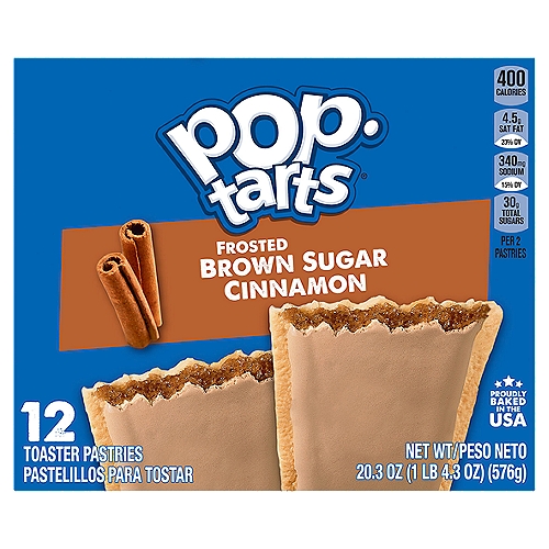 Pop-Tarts Frosted Brown Sugar Cinnamon Toaster Pastries, 12 count, 20.3 oz
Pop-Tarts Frosted Brown Sugar Cinnamon toaster pastries are a delicious treat to look forward to. Jump-start your day with a sweet and decadent blast of gooey, brown sugar cinnamon-flavored filling encased in a crumbly pastry crust, topped with yummy frosting. A quick and tasty anytime snack for the whole family, Pop-Tarts toaster pastries are an ideal companion for lunchboxes, after-school snacks, and busy, on-the-go moments. Not just for mornings, the versatile deliciousness of Pop-Tarts fits into your lifestyle just about anywhere there's time for a snack. Store them in your desk drawer for a pick-me-up at the office, keep them on hand in your pantry for a sweet after-dinner treat, or even bring some in the car for a satisfying snack on the road. These toaster pastries also make welcome additions to care packages, goodie bags, and gift baskets - a pleasant surprise friends and family will be delighted to unwrap. Just pop them in your toaster for a crisp, warm crust, heat them in the microwave, or enjoy them straight out of the foil with a glass of ice-cold milk.