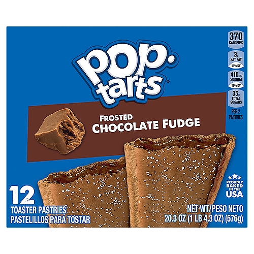 Pop-Tarts Frosted Chocolate Fudge Toaster Pastries, 12 count, 20.3 oz
Pop-Tarts Frosted Chocolate Fudge toaster pastries are a delicious treat to look forward to. Jump-start your day with a sweet and decadent blast of gooey, blueberry-flavored filling encased in a crumbly pastry crust. A quick and tasty anytime snack for the whole family, Pop-Tarts toaster pastries are an ideal companion for lunchboxes, after-school snacks, and busy, on-the-go moments. Not just for mornings, the versatile deliciousness of Pop-Tarts fits into your lifestyle just about anywhere there's time for a snack. Store them in your desk drawer for a pick-me-up at the office, keep them on hand in your pantry for a sweet after-dinner treat, or even bring some in the car for a satisfying snack on the road. These toaster pastries also make welcome additions to care packages, goodie bags, and gift baskets - a pleasant surprise friends and family will be delighted to unwrap. Just pop them in your toaster for a crisp, warm crust, heat them in the microwave, or enjoy them right out of the foil with a glass of ice-cold milk.