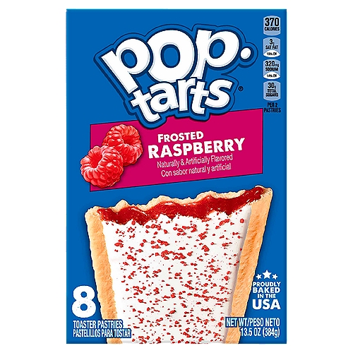 Pop-Tarts Frosted Raspberry Toaster Pastries, 8 count, 13.5 oz
Pop-Tarts Frosted Raspberry toaster pastries are a delicious treat to look forward to. Jump-start your day with a sweet and decadent blast of gooey, blueberry-flavored filling encased in a crumbly pastry crust. A quick and tasty anytime snack for the whole family, Pop-Tarts toaster pastries are an ideal companion for lunchboxes, after-school snacks, and busy, on-the-go moments. Not just for mornings, the versatile deliciousness of Pop-Tarts fits into your lifestyle just about anywhere there's time for a snack. Store them in your desk drawer for a pick-me-up at the office, keep them on hand in your pantry for a sweet after-dinner treat, or even bring some in the car for a satisfying snack on the road. These toaster pastries also make welcome additions to care packages, goodie bags, and gift baskets - a pleasant surprise friends and family will be delighted to unwrap. Just pop them in your toaster for a crisp, warm crust, heat them in the microwave, or enjoy them right out of the foil with a glass of ice-cold milk.