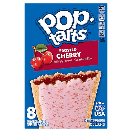 Pop-Tarts Frosted Cherry toaster pastries are a delicious treat to look forward to. Jump-start your day with a sweet and decadent blast of gooey, cherry-flavored filling encased in a crumbly pastry crust, topped with yummy frosting and crunchy sprinkles. A quick and tasty anytime snack for the whole family, Pop-Tarts toaster pastries are an ideal companion for lunchboxes, after-school snacks, and busy, on-the-go moments. Not just for mornings, the versatile deliciousness of Pop-Tarts fits into your lifestyle just about anywhere there’s time for a snack. Store them in your desk drawer for a pick-me-up at the office, keep them on hand in your pantry for a sweet after-dinner treat, or even bring some in the car for a satisfying snack on the road. These toaster pastries also make welcome additions to care packages, goodie bags, and gift baskets - a pleasant surprise friends and family will be delighted to unwrap. 