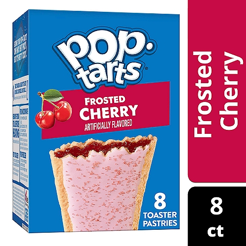 • Start your day with tasty pastry crust and cherry-flavored filling; A delicious morning treat that's great for kids and adults
• These soft toaster pastries with frosting on the outside and gooey filling on the inside are a convenient family favorite
• Good source of three B vitamins; Contains wheat and soy ingredients

Pop-Tarts Frosted Cherry toaster pastries are a delicious treat to look forward to. Includes one, 13.5-ounce box containing 8 Frosted Cherry Pop-Tarts. Jump-start your day with a sweet and decadent blast of gooey, cherry-flavored filling encased in a crumbly pastry crust, topped with yummy frosting and crunchy sprinkles. A quick and tasty anytime snack for the whole family, Pop-Tarts toaster pastries are an ideal companion for lunchboxes, after-school snacks, and busy, on-the-go moments; Not just for mornings, the versatile deliciousness of Pop-Tarts fits into your lifestyle just about anywhere there's time for a snack. Store them in your desk drawer for a pick-me-up at the office, keep them on hand in your pantry for a sweet after-dinner treat, or even bring some in the car for a satisfying snack on the road. These toaster pastries also make welcome additions to care packages, goodie bags, and gift baskets for a pleasant surprise friends and family will be delighted to unwrap. Just pop them in your toaster for a crisp, warm crust, heat them in the microwave, or enjoy them straight out of the foil with a glass of ice-cold milk.