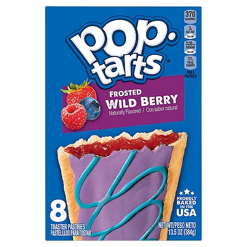 Pop-Tarts Frosted Wild Berry Toaster Pastries, 8 count, 13.5 oz
Pop-Tarts Frosted Wild Berry toaster pastries are a delicious treat to look forward to. Jump-start your day with a sweet and decadent blast of gooey, wild berry-flavored filling encased in a crumbly pastry crust, topped with yummy frosting and crunchy sprinkles. A quick and tasty anytime snack for the whole family, Pop-Tarts toaster pastries are an ideal companion for lunchboxes, after-school snacks, and busy, on-the-go moments. Not just for mornings, the versatile deliciousness of Pop-Tarts fits into your lifestyle just about anywhere there's time for a snack. Store them in your desk drawer for a pick-me-up at the office, keep them on hand in your pantry for a sweet after-dinner treat, or even bring some in the car for a satisfying snack on the road. These toaster pastries also make welcome additions to care packages, goodie bags, and gift baskets - a pleasant surprise friends and family will be delighted to unwrap. Just pop them in your toaster for a crisp, warm crust, heat them in the microwave, or enjoy them right out of the foil with a glass of ice-cold milk.