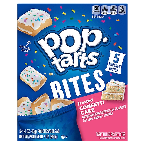 Pop-Tarts Bites Frosted Confetti Cake Tasty Filled Pastry Bites, 1.4 oz, 5 count
Start your day with a sweet boost from Pop-Tarts Bites Frosted Confetti Cake; the same Pop-Tarts ﬂavor you know and love, bite-sized. Conveniently packaged in portable pouches, these bites are perfect for on-the-go snacking. Go ahead and enjoy the classic taste of Pop-Tarts pastries anytime, anywhere, no toaster needed. Savor the delicious ﬂavor of vanilla cake ﬁlling topped with delicious frosting and edible confetti glitter. A quick and tasty treat for the whole family, Pop-Tarts Bites are an ideal companion for lunchboxes, after-school snacks, and busy, on-the-go moments. Not just for mornings, the versatile deliciousness of Pop-Tarts Crisps ﬁts into your lifestyle just about anywhere there's time for a snack. These Pop-Tarts Bites also make welcome additions to care packages and gift baskets; a pleasant surprise friends and family will be delighted to receive. Just pop open the pouch and enjoy the taste of Pop-Tarts Bites Frosted Confetti Cake wherever you go.