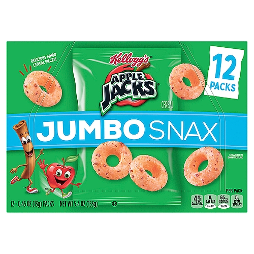 Kellogg's Apple Jacks Jumbo Snax Cereal Jumbo Size, 0.45 oz, 12 count
Now jumbo-sized, your favorite cereal brand is packaged perfectly for on-the-go snacking. This convenient multi-pack 5.4oz box includes 12 pouches of Kellogg's Apple Jacks Jumbo Snax, which makes it easy to enjoy these jumbo multigrain Os and the delicious flavor of apples and cinnamon anytime, anywhere. Jumbo Snax are perfect for lunchboxes, a mid-morning pick-me-up, or after school snacks. Pack a pouch in your backpack or gym bag to enjoy after practice or sporting events. Take with you in the car for the perfect road-ready snack. Wherever life takes you, Jumbo Snax pouches are made for busy, on-the-go moments. More than just convenient, Apple Jacks Jumbo Snax is made with the goodness of wholesome grains and no high fructose corn syrup; it's a crunchy, sweet treat you can feel great about.